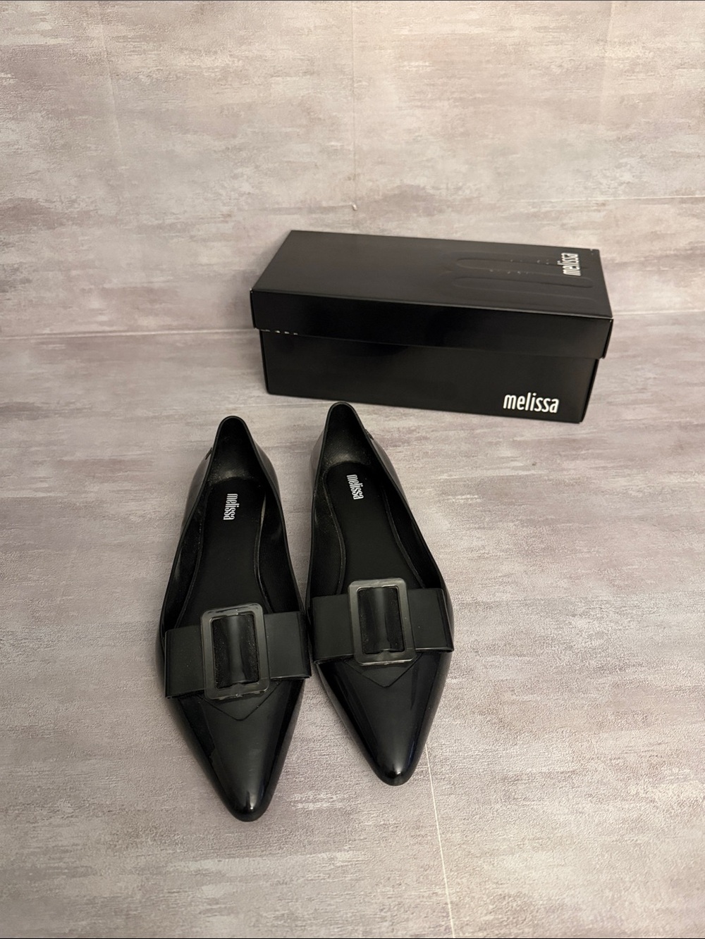 Melissa Black Pointed Toe Jelly Flats with Buckle